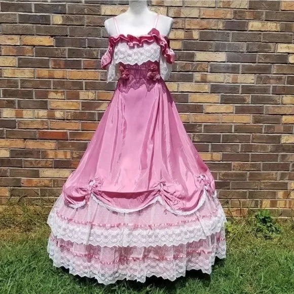 Dance Allure Rare Vintage 1980s Pink Lace Cold Shoulder Antebellum Hoop Dress M - Picture 3 of 12